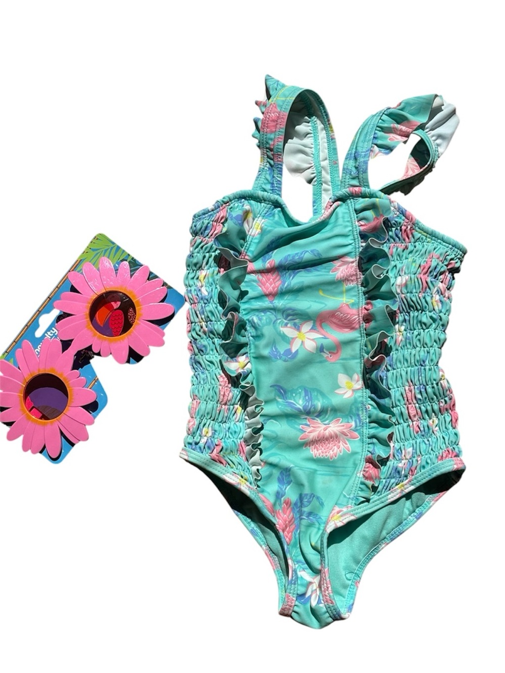 Tommy Bahama Girls Aqua Ruffled Flamingo Swimsuit - Size 3T